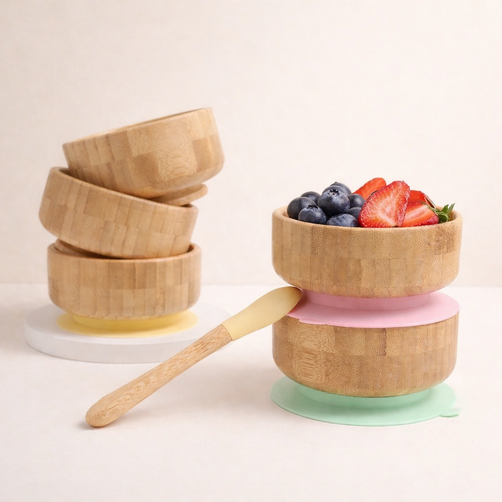 Klassische Bambus-Schüssel mit Saugnapf, 2-teilig